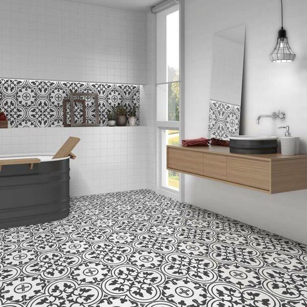 Monochrome tile flooring in black and white